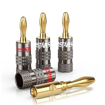 Banana Plug Gold Plated (4 Pair, 8 Pcs), Closed Dual Screws Design, Banana Connectors for All Speaker Wires with a Diameter from 0.75mm to 4mm, Wall Plate, Home Theater, Receiver, Amplifier - size: 4 Pairs / 8 Pcs, style: Bullet Pin Banana Plugs