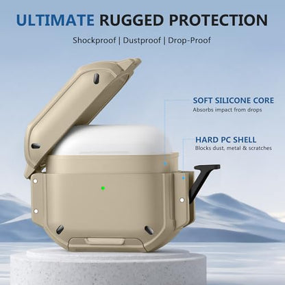 for AirPods Pro 3 Case, IP68 Waterproof Military Grade Protective Cover for AirPods Pro 3rd Gen, Anti-Scratch Hard Shell Cover with Secure Lock, Keychain & Phone Stand (2025), Khaki - color: Khaki