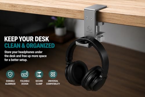 Under Desk Headphone Hanger, Foldable Aluminum Headset Hook for Clean Desk Setup, Space Saving Clamp Mount for Gaming & Home Office