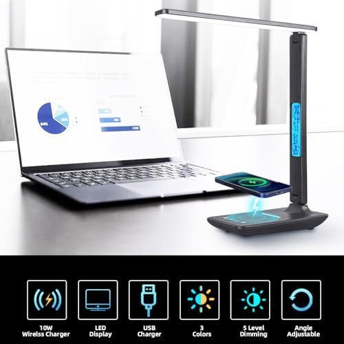 IHAO Multi-Functional Desk Lamp 10W Qi Wireless Charger 3 Color Modes 5 Brightness Levels Eye-Caring LED Light Faux Leather Finish Calendar Temperature Display Office Table Lamp TX26 Black - color: Table Lamp TX26A Black