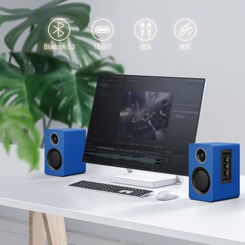 Computer Speakers, Bluetooth 5.3, USB-C, AUX/RCA, 3-Inch Woofer, Blue | A 3-inch carbon fiber woofer and 1-inch silk dome tweeter in wood cabinets. For PCs, turntables, TVs, gaming and music. - color: Blue