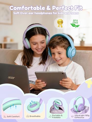 Acer OHW328 Kids Headphones Wired for School - Over Ear Design | 85/94dB Safe Volume, 3.5mm Jack Foldable Headphones for Kids Girls Classroom Yoto Player Chromebook Travel Purple Green - color: Purple Green