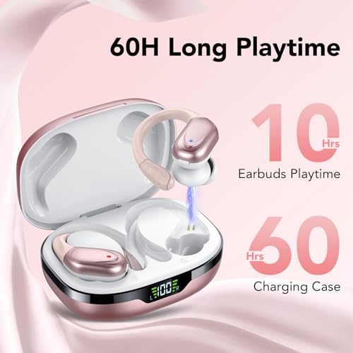 Ear buds Wireless Earbuds Bluetooth 5.3 Headphones 60hrs Playtime with Digital Display Sports Wireless Headphones with Earhook Deep Bass IPX7 Waterproof Over-Ear Earbuds for Android iOS Workout Rose - color: Rose