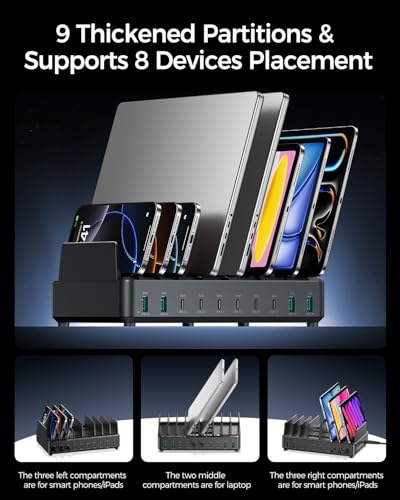 Rocoren 400W 10‑Port Charging Station,Dual PD 100W Dock w/ 6 Cables | Multi‑Device Fast Charging Organizer Dock,Works for MacBook,iPad,iPhone,Cell Phone,Tablet and Other Electronic Devices