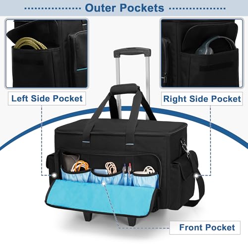 HODRANT Large Rolling DJ Cable Bag with Detachable Trolley & Divider | Padded Gig Bag, Music Gear Case with Multi Pockets for 15.6" Laptop, DJ Gear, Musical Instrument, Sound Equipment Storage