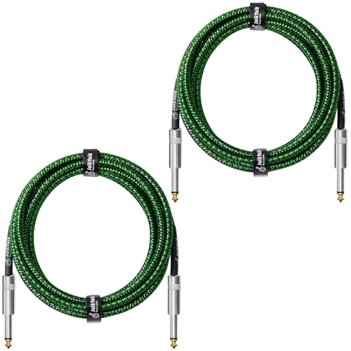 2-Pack 10 Feet Tweed braided 1/4 Inch TS Guitar Cables, Black & Green | Strain relief, Anti-kink, no signal loss, fit electric guitar, bass, amp - color: Green, size: 10ft