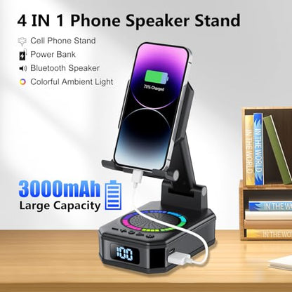 Gifts for Men Women, Cell Phone Stand with Wireless Bluetooth Speaker and Colorful LED Lights, 4-in-1 Multifunctional Phone Holder Support Fast Charging, Adjustable Desktop Stand, Best Gifts - color: Ink Black