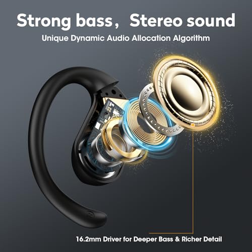 Open Ear Earbuds, 50H Open Ear Headphones Bluetooth 5.4, IPX6 Open Ear buds Wireless with Adjustable Ear hook, Hi-res Stereo, AI Clear Call, Lightweight, Wireless Over Earbud for Workout, Gym, Running - color: Black