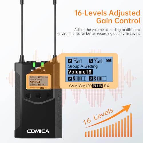 COMICA CVM-WM100PLUS UHF Wireless Lavalier Microphone for Camera Smartphone | 48 UHF Selectable Channel, Noise Cancellation, 160ft Stable Range, Dual Lapel Mic for YouTube TikTok Vlog Interview Stream