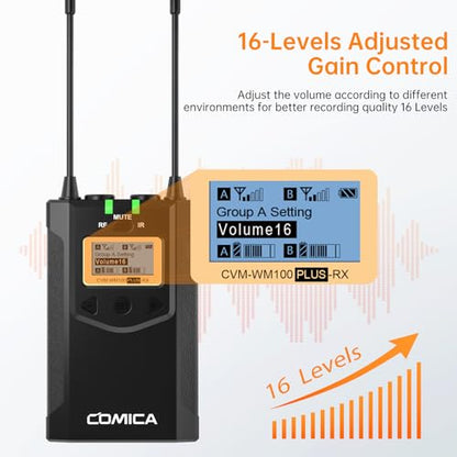 COMICA CVM-WM100PLUS UHF Wireless Lavalier Microphone for Camera Smartphone | 48 UHF Selectable Channel, Noise Cancellation, 160ft Stable Range, Dual Lapel Mic for YouTube TikTok Vlog Interview Stream