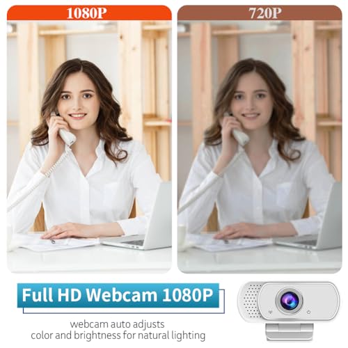 1080P Webcam with Mic Privacy Cover Tripod Stand 110 FOV PC | 1080P webcam with built-in microphone, privacy cover, tripod stand, 110 degree wide angle, USB plug and play for PC laptop - color: White