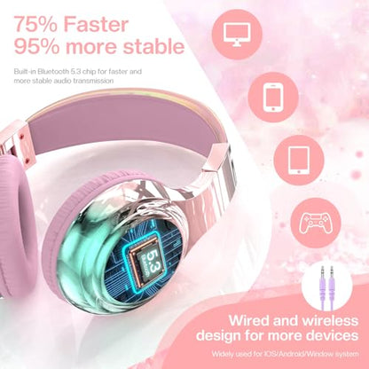 QearFun Kids Bluetooth Headphones, 60H Playtime, 74/85/94dB Safe Volume Limit, Metallic Gradient Wireless Headset with HD Mic, Fast Charging, Foldable, Wired 3.5mm Mode for School/Tablet/Travels | For school, tablet, travel, kids wireless headphones featu