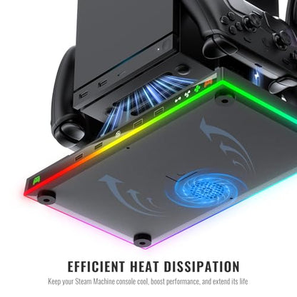JDDWIN Charging Dock Stand with Cooling Fan for Steam Machine/Steam Controller 2026 Storage Stand for Steam Controllers Puck & Headset with RGB Light