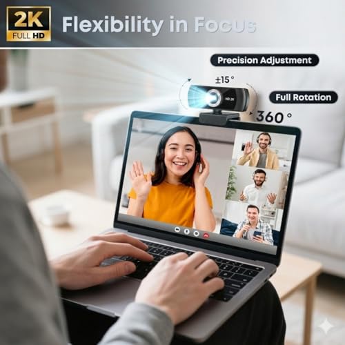 2K Webcam with Microphone, Noise Cancellation, Privacy Cover, Wide-Angle Lens, Auto Light Correction, Plug & Play USB Webcam for Laptop, Desktop, PC, Mac, Zoom, Skype, Streaming (Black)
