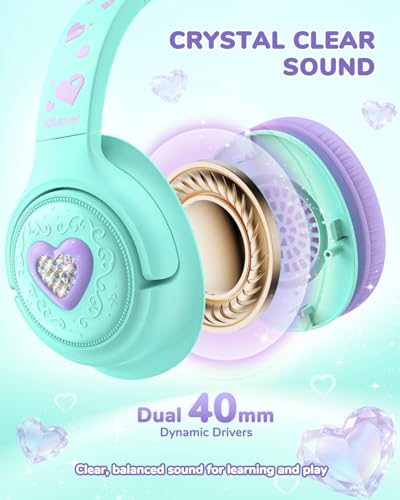 iClever C371 아동용 헤드폰 코드 포함, 남학생 여아 여행 선물 | SafeSound Tech3.0, 스테레오 사운드, 3.5mm 잭, 접이식, 내구성 있는 헤드밴드, 아동용 안전 유선 헤드폰, 크림 그린 - color: 크림 그린