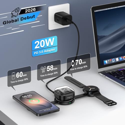 3 in 1 Wireless Charging Station Charger Pad for Samsung Multiple Devices | 18W Foldable Travel Magnetic Fast Wireless Charger Dock for Galaxy S26Ultra S26+ S26 S25 S24 S23 Galaxy Watch8/7 Galaxy Buds4