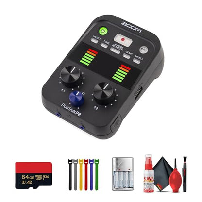 Zoom PodTrak P2 Dual USB Mic Recorder for Podcasters Bundle with 4X AA Batteries with Charger + Extreme Pro 64GB microSDXC Memory Card + Cleaning kit + 6 Pack Wire Straps