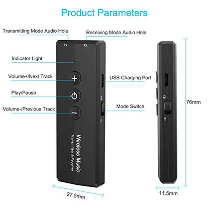 Bluetooth 5.3 Transmitter for TV PC, Audio Receiver for Car Speaker System | 2026 Upgraded 3-in-1 Portable Wireless Rechargeable Stereo Transceiver Adapter - color: Black