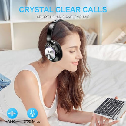 Noise Cancelling Over Ear Wireless Bluetooth Headphones with Microphone, 65h Playtime, Clear Calls, Comfort Fit for Travel (Black) - color: Black