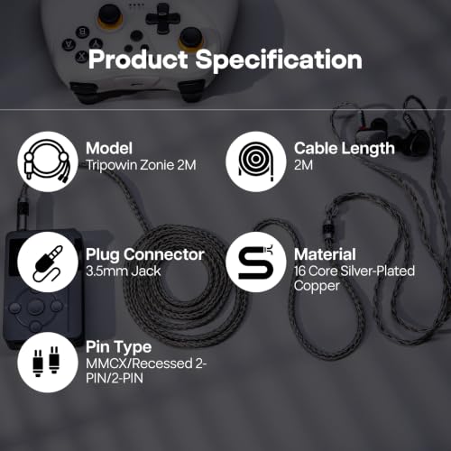 Linsoul Tripowin Zonie 16 Core Silver Plated IEM Cable, 2m Length | Extended Earbud Cord, HiFi Wired Earbuds Earphone Cable, in Ear Monitor Wire for Audiophile Musician, Recessed 2Pin - style: Recessed 2Pin