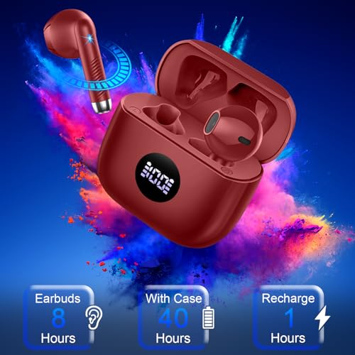 Jxrev Wireless Earbuds, Bluetooth Headphone 5.4, LED Power Display Ear Buds | Bass Stereo, Bluetooth Earbuds, in-Ear Noise Cancelling Mic, Playback Mini Case, IP7 Waterproof Sport Earphones, Android iOS - color: peach Wine red