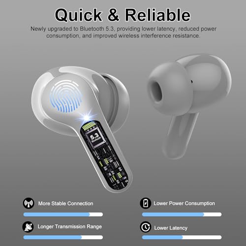 Wireless Earbuds, Bluetooth 5.4 Headphones HiFi Stereo, Bluetooth Earbuds | With ENC Noise Cancelling Mic, IP7 Waterproof in Ear Earphones, 48H, LED Display Ear buds for Pad Phones Workout Sports, Grey - color: Grey