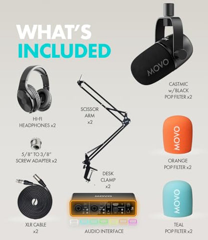 Movo Podcast Equipment Bundle for 2 with USB Audio Interface and 2 CastMic Dynamic Podcast Microphone Bundle with Mic Boom Arms and Headphones for Podcasting, Streaming, and Musicians - Podcast Kit - style: with Boom Arms and Headphones