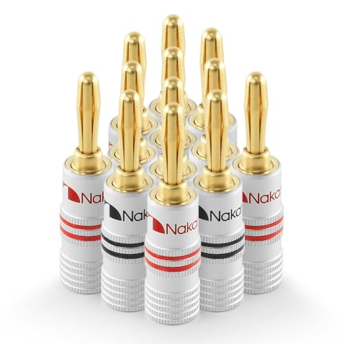 Nakamichi GrubLock Excel Series 24k Gold Plated Banana Plugs, 10-18 AWG | Gauge Size 4mm for Speakers Amplifier Hi-Fi AV Receiver Stereo Audio Wire Cable Screw Connector, 12 Pcs (6-Pairs) - size: 12 Pcs (6-Pairs)