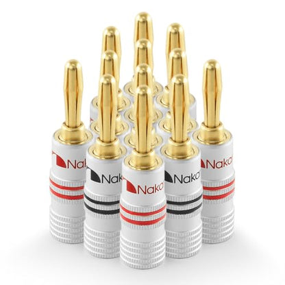 Nakamichi GrubLock Excel Series 24k Gold Plated Banana Plugs, 10-18 AWG | Gauge Size 4mm for Speakers Amplifier Hi-Fi AV Receiver Stereo Audio Wire Cable Screw Connector, 12 Pcs (6-Pairs) - size: 12 Pcs (6-Pairs)