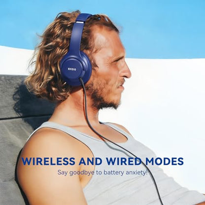 KVIDIO Bluetooth Headphones Over Ear, 65 Hours Playtime Wireless Headphones with Microphone, Foldable Lightweight Headset with Deep Bass, HiFi Stereo Sound Low Latency for Travel Work Cellphone - color: Blue
