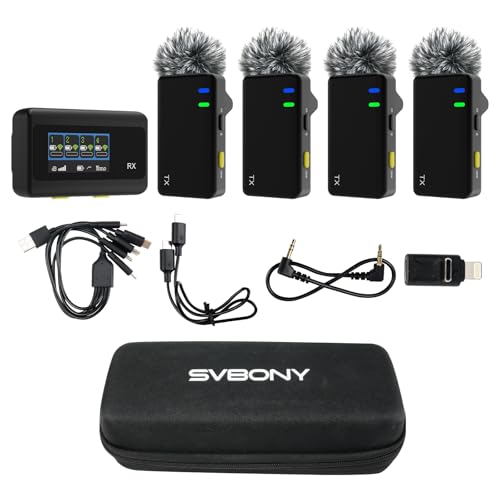 SVBONY D4 4-Person Wireless Lavalier Microphones Systems for Group Videos | Compatible with iPhone, Android, Camera, 2-Level Noise Reduction, 656ft Range, Smart Display, Magnetic Mount,Safety Track