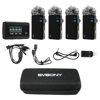 SVBONY D4 4-Person Wireless Lavalier Microphones Systems for Group Videos | Compatible with iPhone, Android, Camera, 2-Level Noise Reduction, 656ft Range, Smart Display, Magnetic Mount,Safety Track