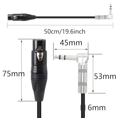 1/4 to XLR Cable 90 Degree Right Angle 6.35 mm TRS Male Plug to XLR Female Jack Audio Stereo Microphone Cable for Speakers, Stage, DJ and More（50cm）