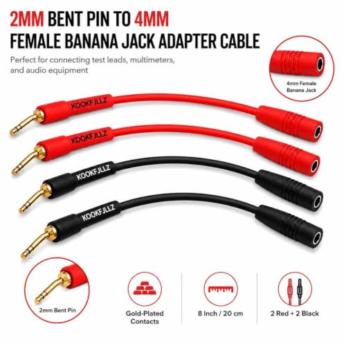 2mm Pin Plug to 4mm Female Banana Jack Adapter, 13AWG OFC Gold Plated Speaker Wire Connector for Spring Loaded Terminals Amplifier Home Theater, 8 Inch (4-Pack)