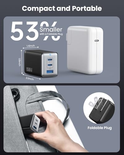 150W USB C Charger Block,GaN III Compact Foldable Wall Charger 3 Port Fast Charging Station,PD QC PPS Portable USB C Hub 100W Laptop Adapter for MacBook Pro/Air,iPad,iPhone 17/Pro,Galaxy S24,Dell etc - color: Black