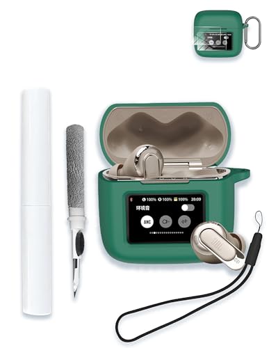 Case for JBL Tour Pro 3 - True Wireless Noise Cancelling Earbuds, WUNIAK Soft Silicone Protective Portable Scratch Shock Resistant with 2pack Screen Protector &Cleaner Kit & Carabiner & Lanyard，Green - color: GREEN