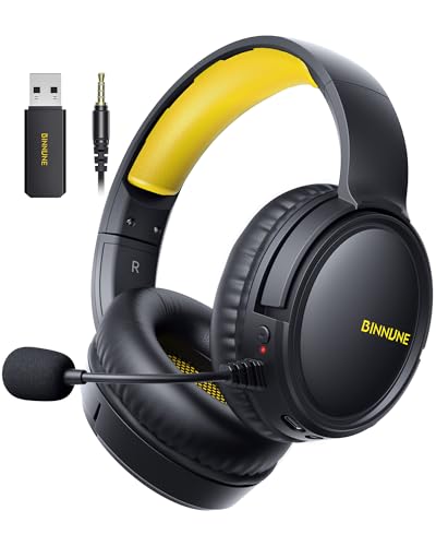 BINNUNE Wireless Gaming Headset — 2.4GHz Low-Latency USB Dongle + Bluetooth, 50mm Drivers 7.1 Surround, Noise-Cancelling Mic, 40H Battery — Over Ear Wireless Headphones for PS5, PC, Laptop, Yellow - color: Yellow, style: For PS5