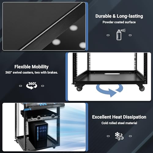 20U Server Rack w/ 2 Racks, Versatile Open Frame IT Rack | Wall-Mount AV Rack w/ Top & Bottom Panels, Hook and Loop Straps for 19" Stereo/Data/IT/Computer Equipment - size: 20U