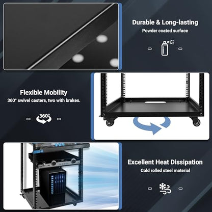 20U Server Rack w/ 2 Racks, Versatile Open Frame IT Rack | Wall-Mount AV Rack w/ Top & Bottom Panels, Hook and Loop Straps for 19" Stereo/Data/IT/Computer Equipment - size: 20U