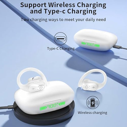 Wireless Earbuds with Ear Hooks 96H Playtime for iPhone Android | LED Display Deep Bass Stereo Sound Built in Mic Sweat Resistant Design Low Latency Mode for Sports Gaming - color: White