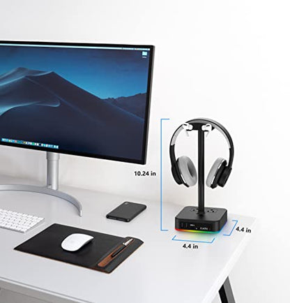 KAFRI RGB Headphone Stand with USB A&C Charger Desk Gaming Headset Holder Hanger Rack with 3 USB Charging Port and 2 Outlet - Suitable for Gamer Desktop Table Game Earphone Accessories Boyfriend Gifts - color: A-ONE STAND