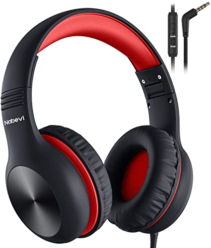 Nabevi Headphones for Kids for School, Kids Headphones with Microphone, Sharing Function, 85dB/94dB Safe Volume Limit, HD Sound, Over Ear Kid Headphone for School, On-line Study, Travel, Red - color: Red