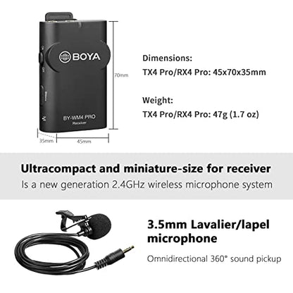 BOYA 2.4GHz Wireless Lavalier Microphone System WM4 PRO K2 Mini Lapel Clip on Mic for Smartphone Canon Nikon Sony DSLR Camera iOS for vlog Live Streaming Interview Commentary Record Dual TXS & One RX - size: BY-WM4 PRO K2
