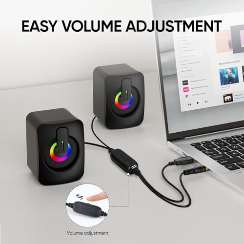 MELOGAGA RGB Computer Speakers, USB Powered 3.5mm Stereo for PC Laptop | Clear Stereo Sound, 7-Color RGB Lighting, USB Plug & Play, Compact Design with Inline Volume Control for Everyday Use