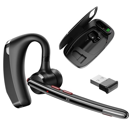 Bluetooth Headset V5.3, Wireless Headset with Dual Noise-Canceling Microphones, Portable Charging Case, 300H Standby Time, Hands Free Headphones for Computer/Cell Phones, Trucker/Home/Office/Work