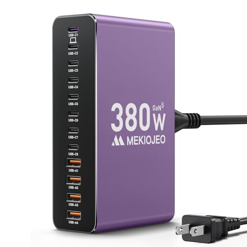 MEKIOJEO 12 Ports Aluminum Alloy 380W Charging Station USB C Charger Block | 65W Laptop Fast GaN Charger for MacBook Pro/Air/iPad Pro/iPhone (Purple) - color: Purple