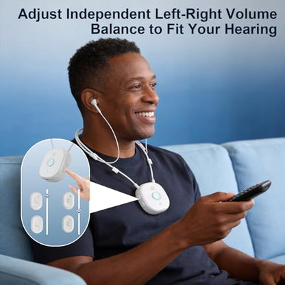 Neckband Earbuds with Independent L/R Volume Control, AptX LL, 100 ft Range, Large Buttons TV Headphones Wireless for Seniors Hearing, Semi-In-Ear Headphones Compatible USB/Optical/RCA/3.5mm Audio Out