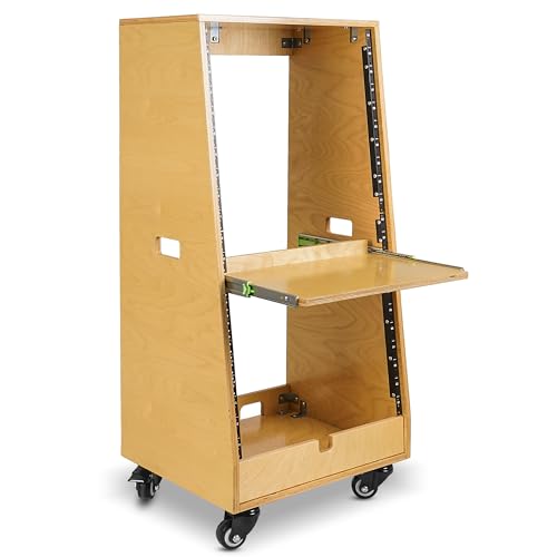 Sound Town DIY Slanted 20U Studio Rack (12U Top + 8U Lower), with 2U Bottom Storage, Slide-Out Tray, Caster, Plywood, Golden Oak for Recording Room, Home Studio (SDRK-ST20T) - size: 20U(12U Top + 8U Lower),Golden Oak