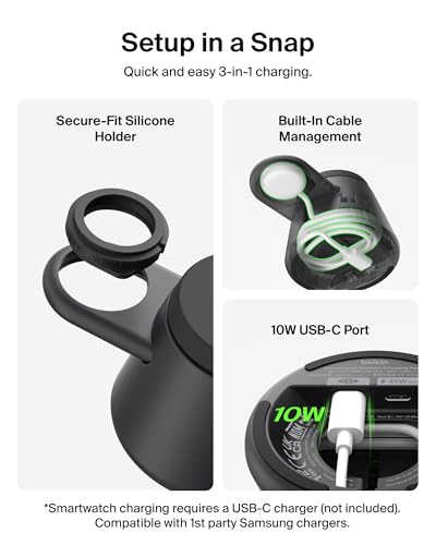 Belkin Qi2.2 25W Magnetic Wireless Charging Station, 3 in 1 Samsung Charger | Fast Charging, MagSafe Compatible, Samsung Galaxy S26, Android Charger, Pixel 10, iPhone 17/16/15, Apple Watch, AirPods - color: Black