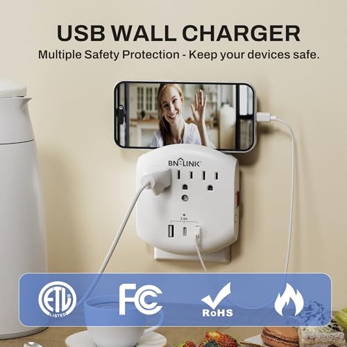 BN-LINK 3-Outlet Extender, Multi Plug Outlets with 3 USB Ports (3.4A Total), Dusk-to-Dawn Sensor Night Light, Surge Protector with Top Phone Holder, for Traveling, Home, School, Office - size: 3 Outlets - Night Light (USB)